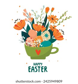 Happy Easter cartoon card with cup full of decorated eggs and flowers.Poster with hand lettering and floral composition.Print on fabric and paper.Banner templates.Vector spring  illustration on white.