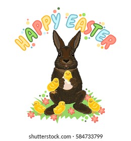 Happy Easter. Cartoon celebrate card with rabbit and chicks on the grass with flowers. Holiday vector illustration.