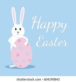 Happy Easter. Cartoon celebration with rabbit and egg.