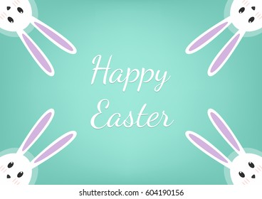 Happy Easter. Cartoon celebration with white rabbits in the corners.