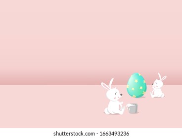 Happy Easter, cartoon character adorable rabbit with egg, room minimal style greeting card vector illustration