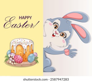 Happy Easter. Cartoon character rabbit. Funny rabbit. Easter cake and decorated eggs. 