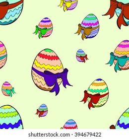 Happy Easter Cartoon Colored Eggs With Red Bow And Ribbon Seamless Pattern Vector Illustration