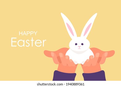 Happy easter. Cartoon colorful horizontal banner. Cute Easter bunny in hands. Template for greeting card, poster, flyer. Vector illustration. 