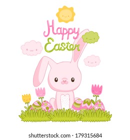 Happy Easter cartoon cute bunny and eggs with grass, flowers
