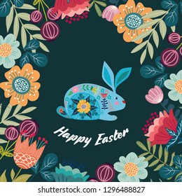 Happy Easter. Cartoon cute folk rabbit surrounded by flowers with text. Vector illustration