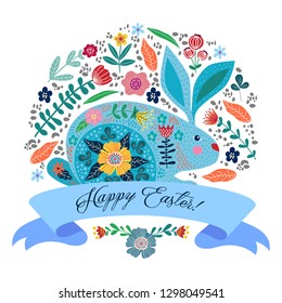 Happy Easter. Cartoon cute folk rabbit with flowers and ribbon with text isolated on a white background. Vector illustration