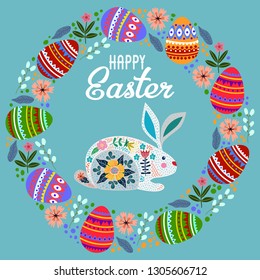 Happy Easter. Cartoon cute folk rabbit with wreath of eggs and flowers with text. Vector illustration