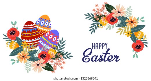 Happy Easter. Cartoon cute folk eggs with bouquet of flowers and text on a white background. Horizontal Vector illustration