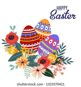 Happy Easter. Cartoon cute folk eggs with bouquet of flowers and text isolated on a white background. Vector illustration