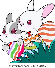Happy Easter cartoon cute rabbits hiding behind painted eggs in the grass and holding them