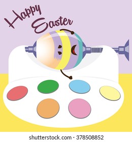 Happy Easter cartoon, egg in painting mill
