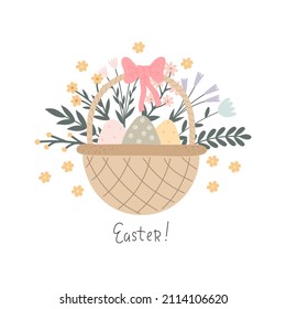 happy easter. cartoon eggs, basket, flowers, hand drawing lettering, decor elements. festive colorful vector illustration. Design for greeting cards, decoration posters, covers.