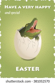 Happy Easter cartoon funny card. Crocodile hatching from an egg.