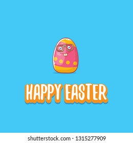 Happy easter cartoon greeting card with cute colorful cartoon egg character isolate on blue background. Vector Happy easter creative concept illustration 