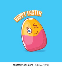 Happy easter cartoon greeting card with cute colorful cartoon egg character isolate on blue background. Vector Happy easter creative concept illustration 