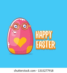 Happy easter cartoon greeting card with cute colorful cartoon egg character isolate on blue background. Vector Happy easter creative concept illustration 