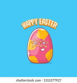 Happy easter cartoon greeting card with cute colorful cartoon egg character isolate on blue background. Vector Happy easter creative concept illustration 
