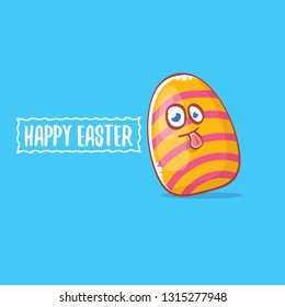Happy easter cartoon greeting card with cute colorful cartoon egg character isolate on blue background. Vector Happy easter creative concept illustration 