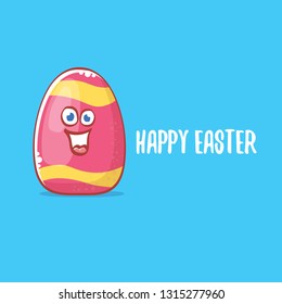 Happy easter cartoon greeting card with cute colorful cartoon egg character isolate on blue background. Vector Happy easter creative concept illustration 