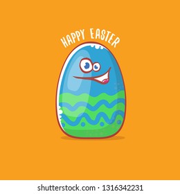 Happy easter cartoon greeting card with cute colorful cartoon egg character isolate on blue background. Vector Happy easter creative concept illustration 