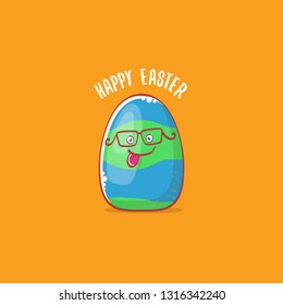 Happy easter cartoon greeting card with cute colorful cartoon egg character isolate on blue background. Vector Happy easter creative concept illustration 