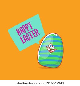 Happy easter cartoon greeting card with cute colorful cartoon egg character isolate on blue background. Vector Happy easter creative concept illustration 