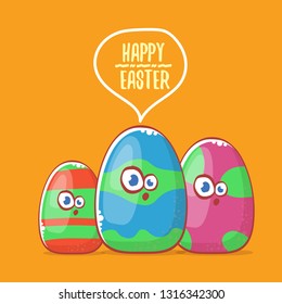 Happy easter cartoon greeting card with cute colorful cartoon egg character isolate on blue background. Vector Happy easter creative concept illustration 