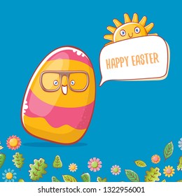 Happy easter cartoon greeting card with cute colorful cartoon egg character and sun isolate on blue background with green leaves and spring flowers. Vector Happy easter creative concept illustration