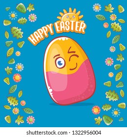 Happy easter cartoon greeting card with cute colorful cartoon egg character and sun isolate on blue background with green leaves and spring flowers. Vector Happy easter creative concept illustration