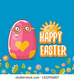 Happy easter cartoon greeting card with cute colorful cartoon egg character and sun isolate on blue background with green leaves and spring flowers. Vector Happy easter creative concept illustration