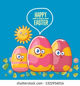 Happy easter cartoon greeting card with cute colorful cartoon egg character and sun isolate on blue background with green leaves and spring flowers. Vector Happy easter creative concept illustration