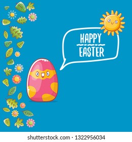 Happy easter cartoon greeting card with cute colorful cartoon egg character and sun isolate on blue background with green leaves and spring flowers. Vector Happy easter creative concept illustration