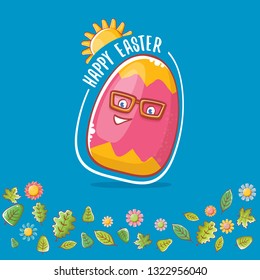 Happy easter cartoon greeting card with cute colorful cartoon egg character and sun isolate on blue background with green leaves and spring flowers. Vector Happy easter creative concept illustration