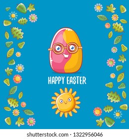 Happy easter cartoon greeting card with cute colorful cartoon egg character and sun isolate on blue background with green leaves and spring flowers. Vector Happy easter creative concept illustration
