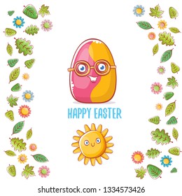 Happy easter cartoon greeting card with cute colorful cartoon egg character and sun isolate on white background with green leaves and spring flowers. Vector Happy easter creative concept illustration 