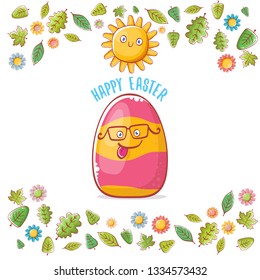 Happy easter cartoon greeting card with cute colorful cartoon egg character and sun isolate on white background with green leaves and spring flowers. Vector Happy easter creative concept illustration 