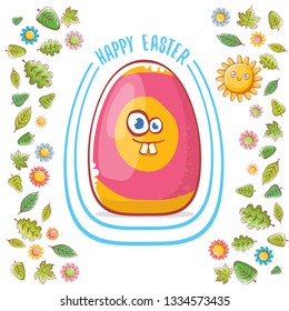 Happy easter cartoon greeting card with cute colorful cartoon egg character and sun isolate on white background with green leaves and spring flowers. Vector Happy easter creative concept illustration 