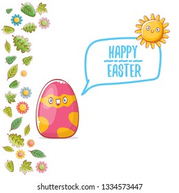 Happy easter cartoon greeting card with cute colorful cartoon egg character and sun isolate on white background with green leaves and spring flowers. Vector Happy easter creative concept illustration 