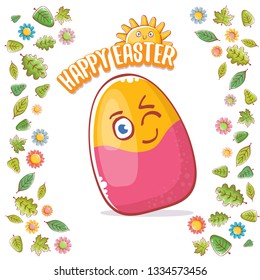 Happy easter cartoon greeting card with cute colorful cartoon egg character and sun isolate on white background with green leaves and spring flowers. Vector Happy easter creative concept illustration 