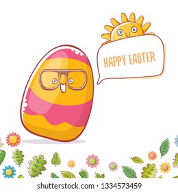 Happy easter cartoon greeting card with cute colorful cartoon egg character and sun isolate on white background with green leaves and spring flowers. Vector Happy easter creative concept illustration 