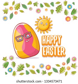 Happy easter cartoon greeting card with cute colorful cartoon egg character and sun isolate on white background with green leaves and spring flowers. Vector Happy easter creative concept illustration 