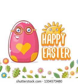Happy easter cartoon greeting card with cute colorful cartoon egg character and sun isolate on white background with green leaves and spring flowers. Vector Happy easter creative concept illustration 