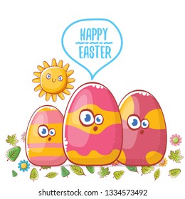 Happy easter cartoon greeting card with cute colorful cartoon egg character and sun isolate on white background with green leaves and spring flowers. Vector Happy easter creative concept illustration 