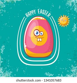 Happy easter cartoon greeting card with cute colorful cartoon egg character. Vector Happy easter creative concept illustration 