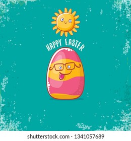 Happy easter cartoon greeting card with cute colorful cartoon egg character. Vector Happy easter creative concept illustration 