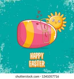 Happy easter cartoon greeting card with cute colorful cartoon egg character. Vector Happy easter creative concept illustration 