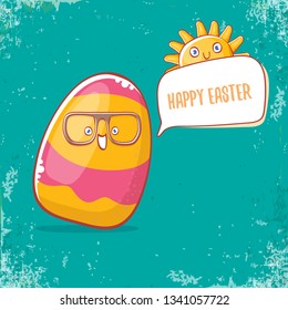 Happy easter cartoon greeting card with cute colorful cartoon egg character. Vector Happy easter creative concept illustration 