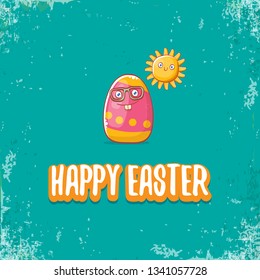 Happy easter cartoon greeting card with cute colorful cartoon egg character. Vector Happy easter creative concept illustration 