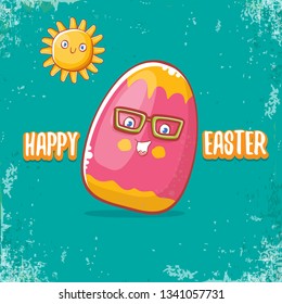 Happy easter cartoon greeting card with cute colorful cartoon egg character. Vector Happy easter creative concept illustration 